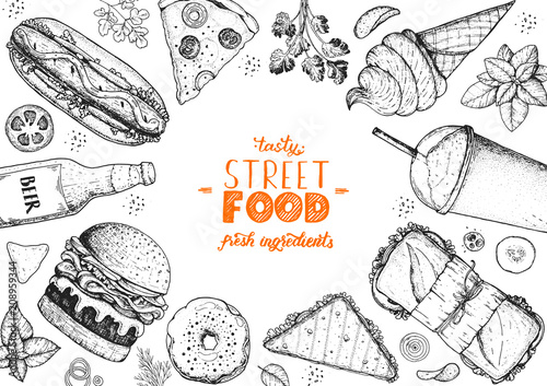 Fast food sketch collection. Vector illustration. Junk food set. Engraved style illustration. Fast food top view frame