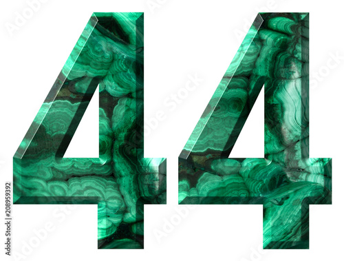 Arabic numeral 44, forty four, from natural green malachite, isolated on white background photo