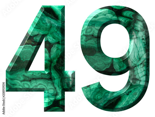 Arabic numeral 49, forty nine, from natural green malachite, isolated on white background