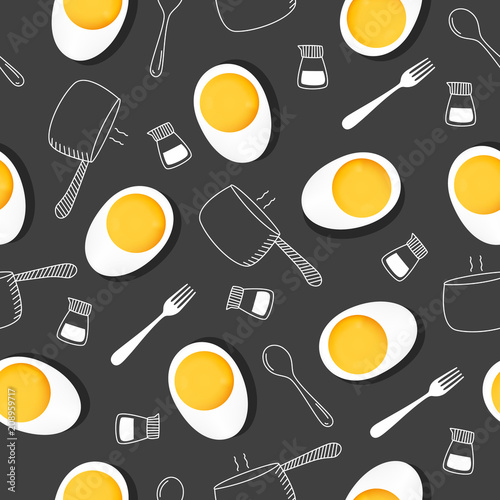 Boiled egg seamless patterns on dark gray background for printing and website banner design, wallpaper and textile fabric print. Vector illustration.
