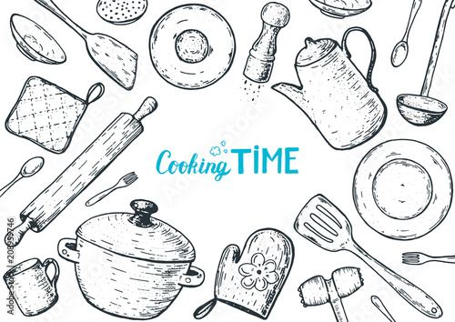 Kitchen utensils hand drawn vector illustration. Cooking time sketch collection. Different kitchen utensils set.