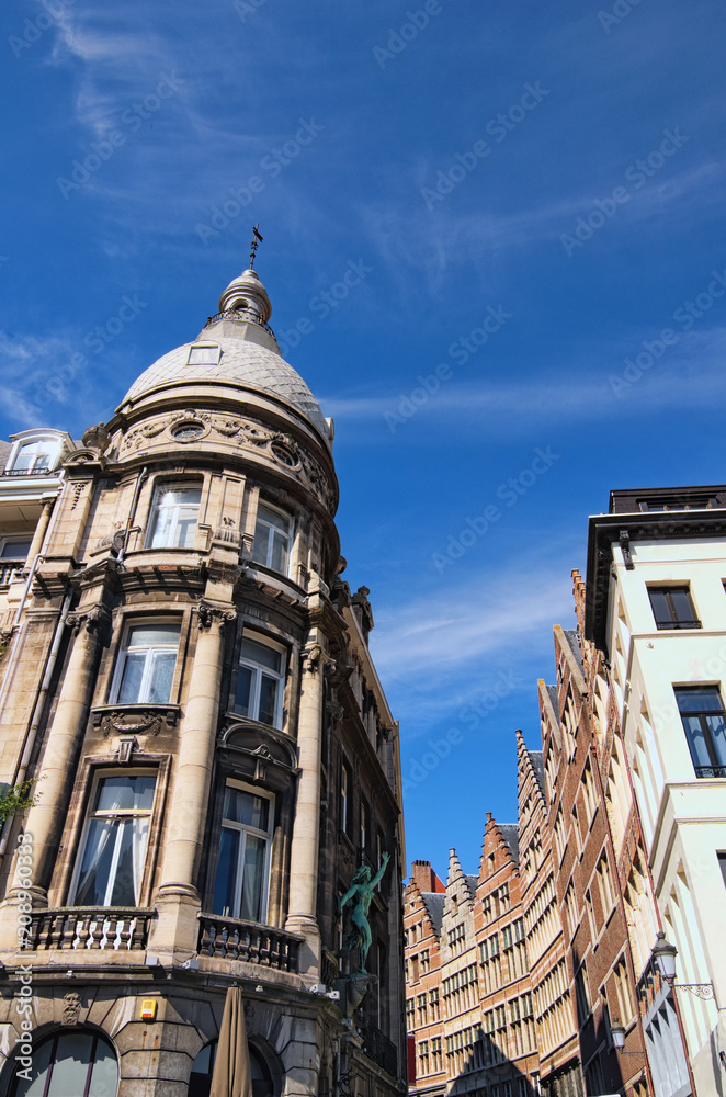 Traditional flemish architecture in city center of Antwerp at sunny day. Antwerp (Dutch: Antwerpen), Belgium