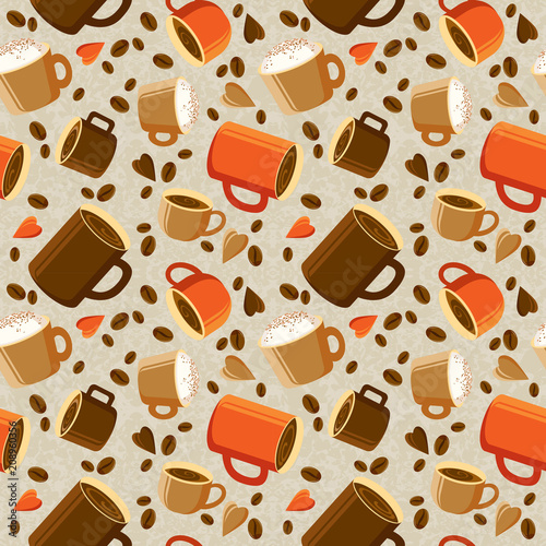Cups of coffee or tea  coffee beans  hearts on a light background. Bright coffee background. seamless texture.