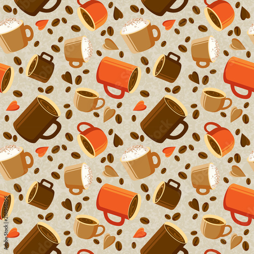 Wallpaper Mural Cups of coffee or tea, coffee beans, hearts on a light background. Bright coffee background. seamless texture. Torontodigital.ca