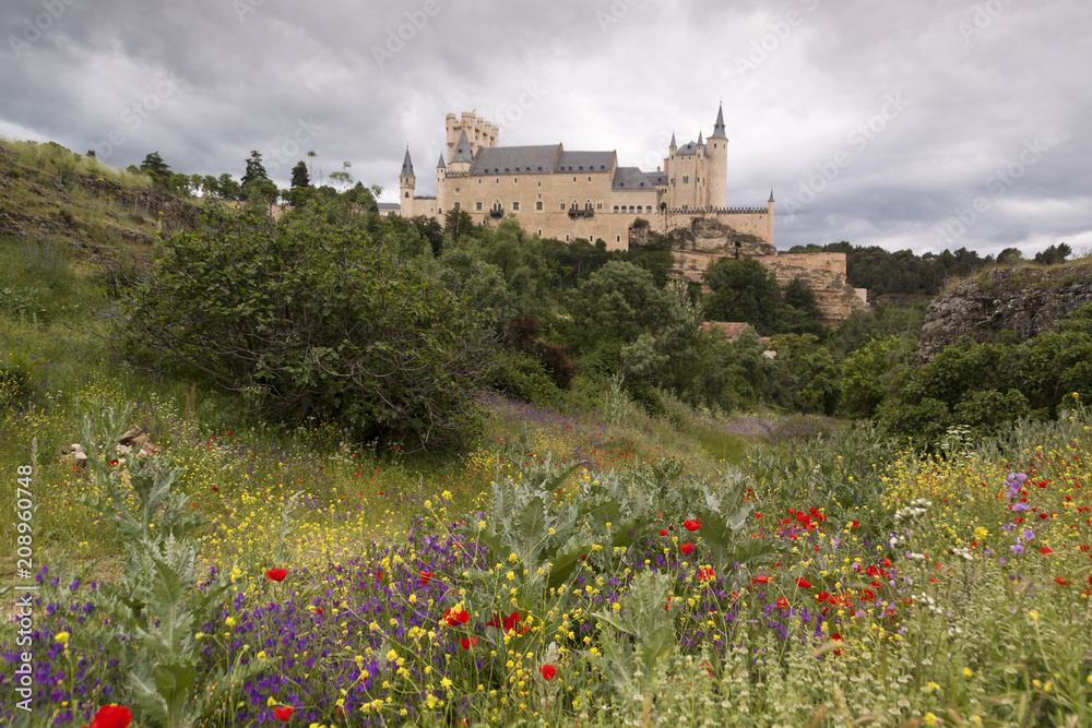 Alcazar de Segovia next to the Templar church of Vera Cruz. Spring scene Castilla y Leon, Spain. Europe
