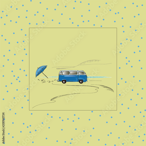
Bus in retro style. An old car near the sea with an umbrella. Machine on the background of the sea in the chart. Vintage  postcard.
