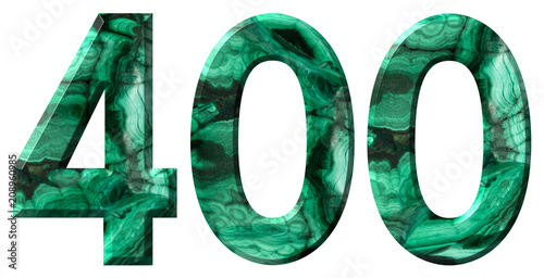 Arabic numeral 400, four hundred, from natural green malachite, isolated on white background