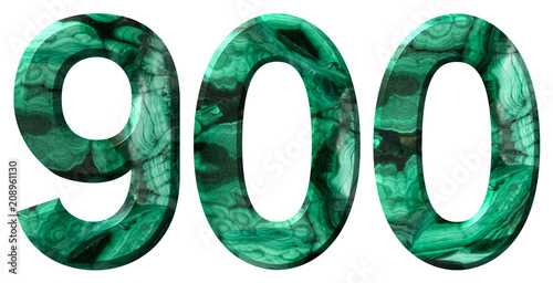 Arabic numeral 900, nine hundred, nine, from natural green malachite, isolated on white background