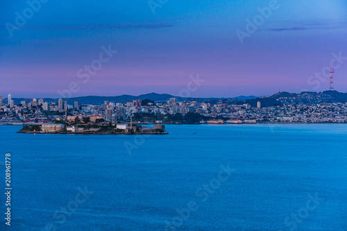 Sunrise view of San Francisco as seen from Angel Island in the bay