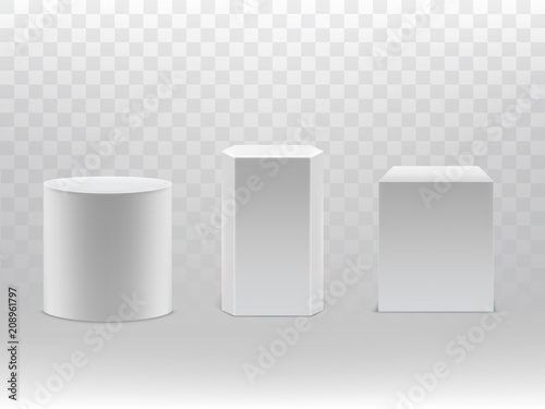 Vector 3d realistic geometrical shapes isolated on transparent background. White cylinder, hexagon and cube with shadows. Design elements, great for podium, pedestal or as basic packaging.