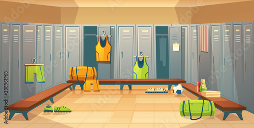 Vector changing room with lockers for football, basketball team for game background. Dressing of sports uniform, training equipment or athletic costume. Cartoon shelves in school gym