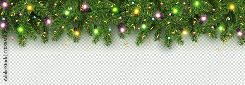 Christmas and New Year banner of realistic branches of Christmas tree, garland with glowing light bulbs, holly berries, serpentine