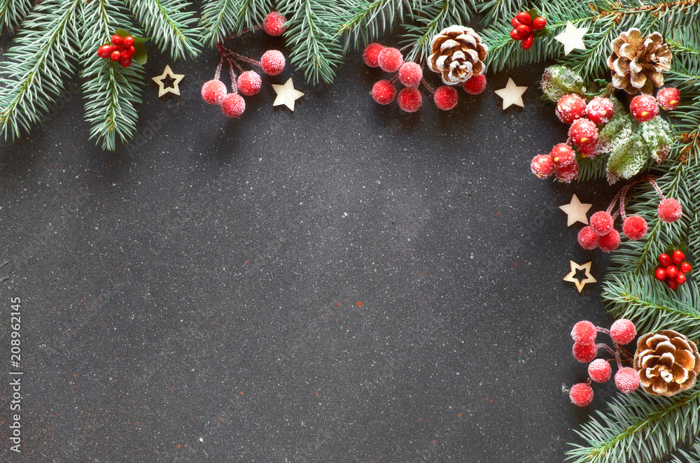 Christmas border decorated with fir twigs, berries and frosted pine cones on dark, text space Christmas border decorated with fir twigs, berries and frosted pine cones on dark, text space