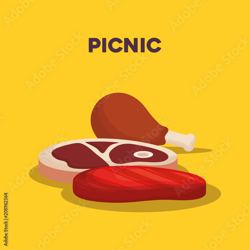 picnic food design with meat steaks and chicken  thight over yellow background, colorful design. vector illustration