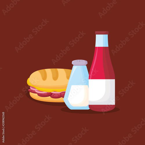 sandwich and ketchup bottle over brown background, colorful design. vector illustration