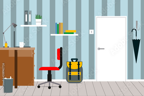 A cozy interior of a children's room with furniture, door, school bag and umbrella.