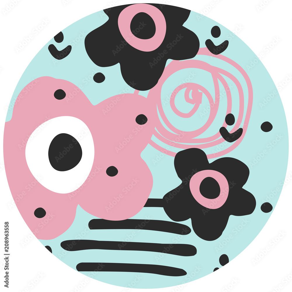 Fototapeta premium Hand drawn abstract flowers in scandinavian design. Flowers in round frame. For kids,nursery,wrapping or textile, Scandinavian poster.