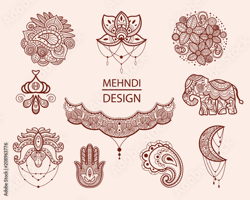 Mehndi set of traditional indian ethnic symbols. Good for henna design, colored pages or books, textile, t-shirt prints or posters.