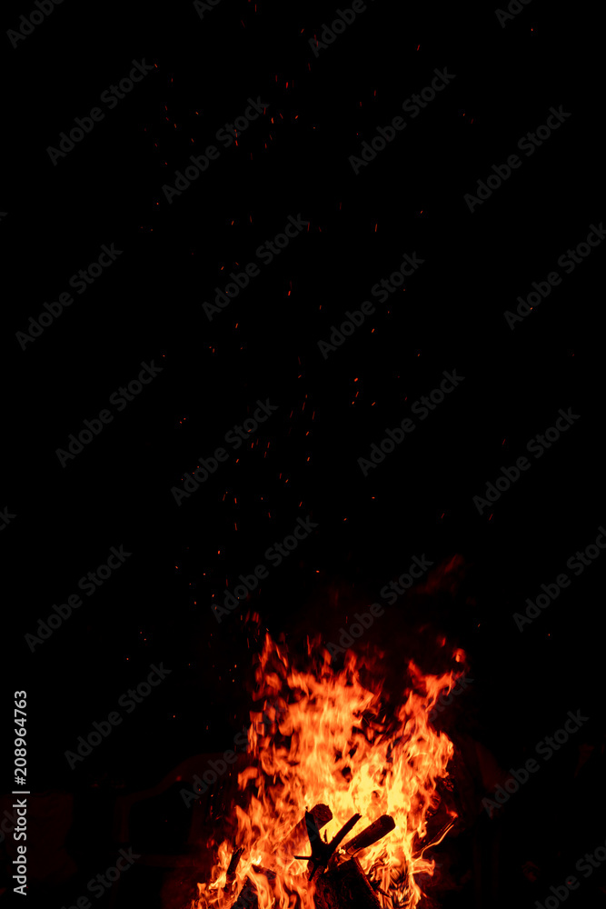 Fire Flame & Sparks on Dark Black Background