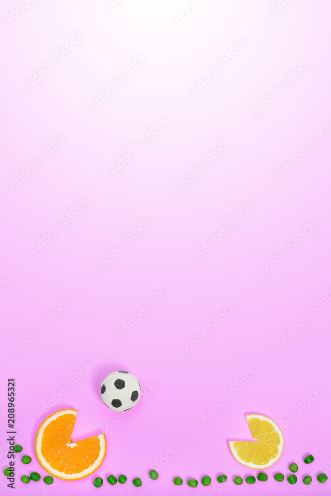 Food soccer fun game concept, top view