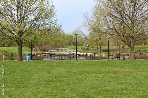 A view of the park landscape on a sunny spring day.