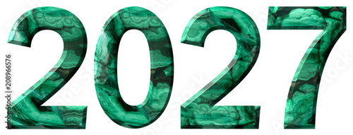 Numeral 2027 from natural green malachite, isolated on white background