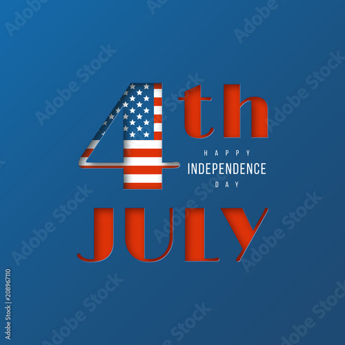 4th of July - Independence day of America. 3d paper cut style typographic design in national american flag colors, vector illustration.