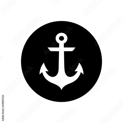 Circular, flat, black and white anchor icon. Isolated on white