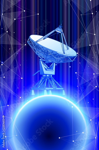 Doppler Radar Antenna & Blue Planet in the space of the information web - abstract illustration of science, astronomy, information technology, network solutions, communications & digital technologies