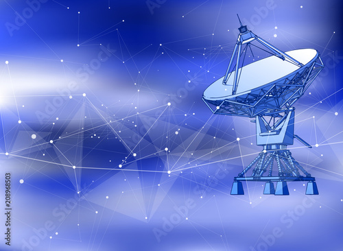 Satellite Dishes Antenna - doppler radar, digital wave and blue technology background - abstract illustration of science, astronomy, information technology, network solutions and digital technologies