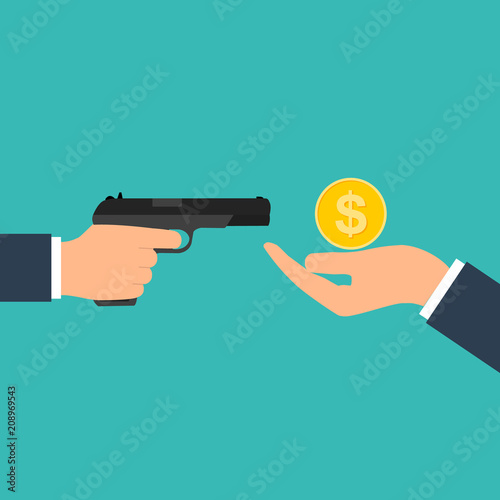 Criminal threatening gun extorts money from the victim. Robbery concept. Bandit with a gun