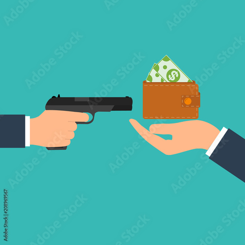 Criminal threatening gun extorts money from the victim. Robbery concept. Bandit with a gun