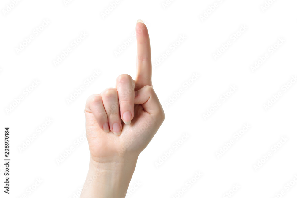 Closeup of female hand with pale skin pointing or touching isolated on white background. Isolated. Closeup of female hand with pale skin pointing or touching isolated on white background. Isolated.