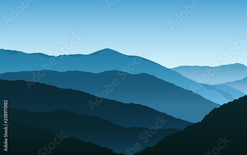 Vector simple blue silhouettes of misty mountains and hills
