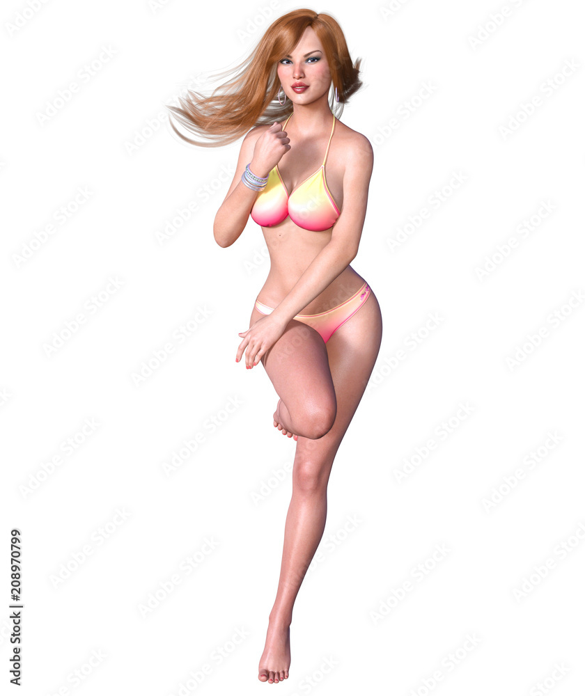 3D beautiful blonde woman swimsuit bikini. Summer rest. Conceptual fashion art. Seductive candid pose. Realistic render illustration. Isolate 3D beautiful blonde woman swimsuit bikini. Summer rest. Conceptual fashion art. Seductive candid pose. Realistic render illustration. Isolate