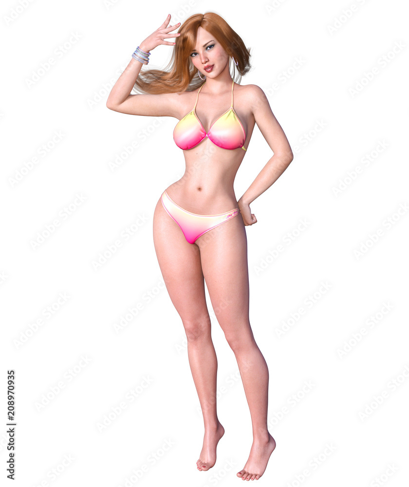 3D beautiful blonde woman swimsuit bikini. Summer rest. Conceptual fashion art. Seductive candid pose. Realistic render illustration. Isolate 3D beautiful blonde woman swimsuit bikini. Summer rest. Conceptual fashion art. Seductive candid pose. Realistic render illustration. Isolate