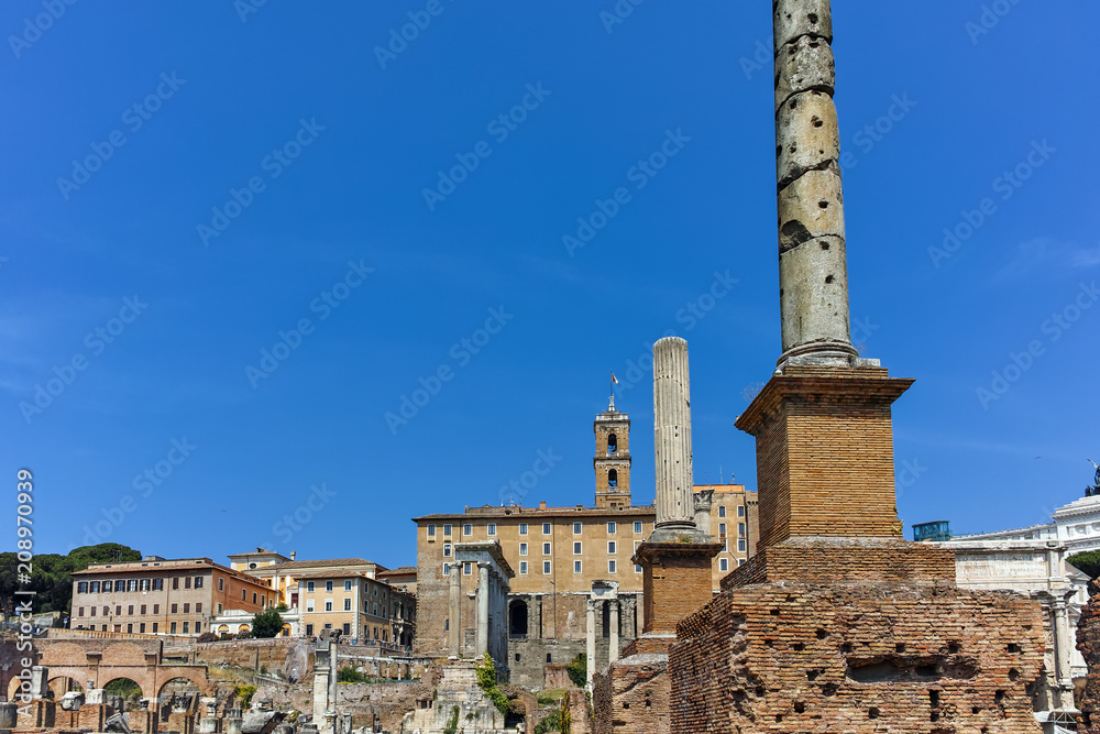Ruins of Roman Forum and Capitoline Hill in city of Rome, Italy