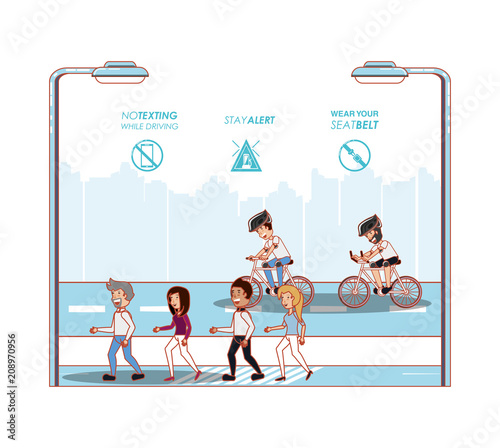 people in bicycle drive safely campaign vector illustration design