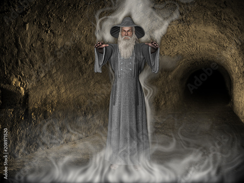 Canvas Print 3D Illustration of Medieval Wizard in Cave with Fog