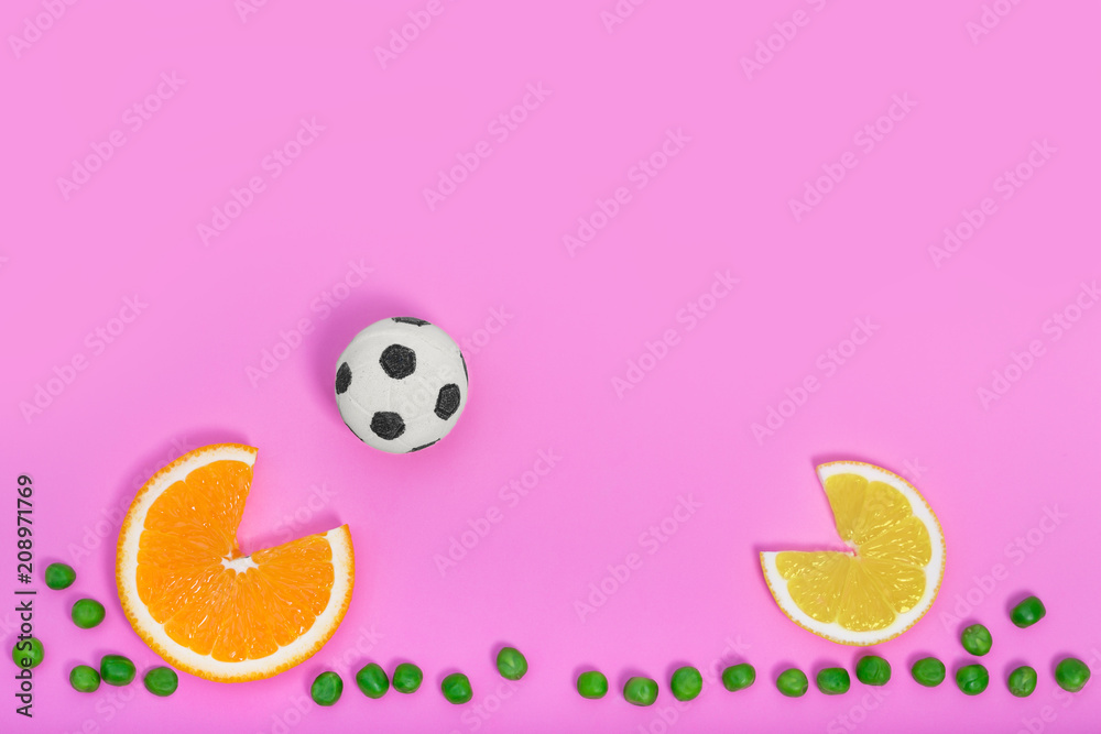 Food soccer fun game concept, top view Food soccer fun game concept, top view