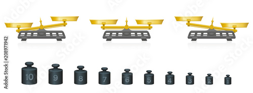 Weighing scale with equal and unequal weightiness and ten different weights from one to ten. Isolated vector illustration on white background.