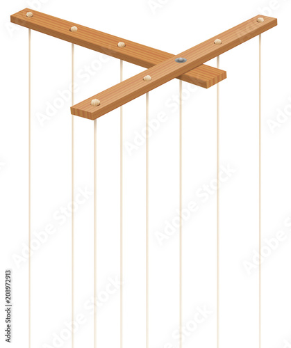 Wooden marionette control bar with strings without puppet. Symbol for manipulation, control, authority, domination - or just as a toy for a puppeteer. Isolated vector on white.