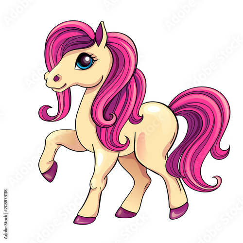 Cute little pony with pink hair. Vector isolated illustration
