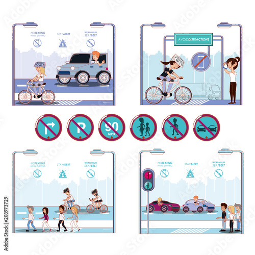 people in bicycle drive safely campaign vector illustration design