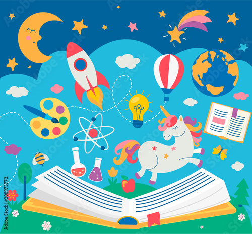 Concept of kids education while reading the book. Open book with many school supplies elements. Vector illustration in flat style.