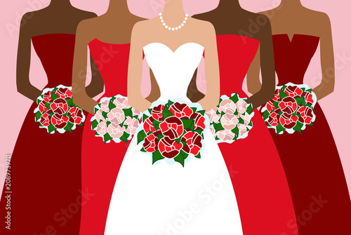 Card with bride and bridesmaids. Bride with wedding bouquet in hands. Vector illustration.