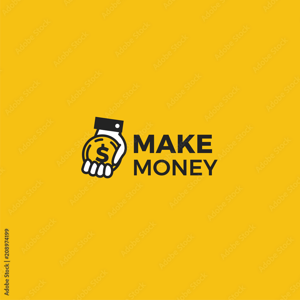 Make money logo. Gold dollar coin with hand businessman