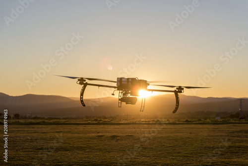 Long endurance professional drone prototype Flying at dusk