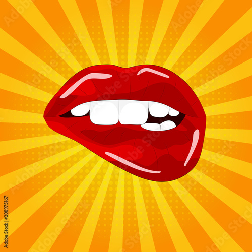 Sweet sexy pop art Pair of Glossy Vector Lips. Open Sexy wet red lips with teeth pop art , vector illustration, pattern. Yellow and orange background