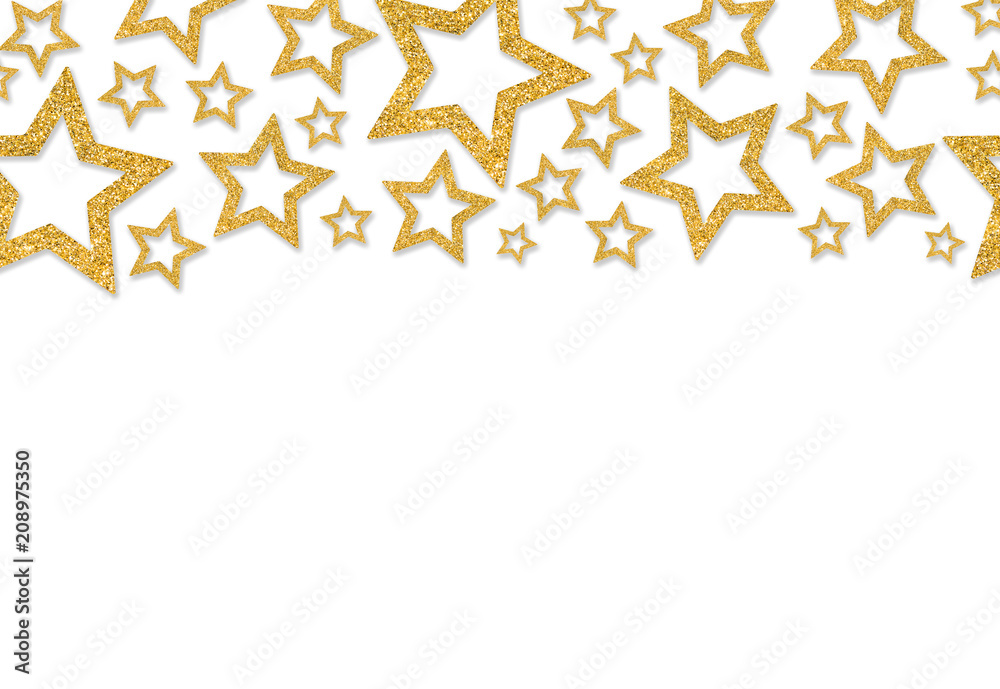 Border with gold stars of sequin confetti. Glitter powder sparkling
